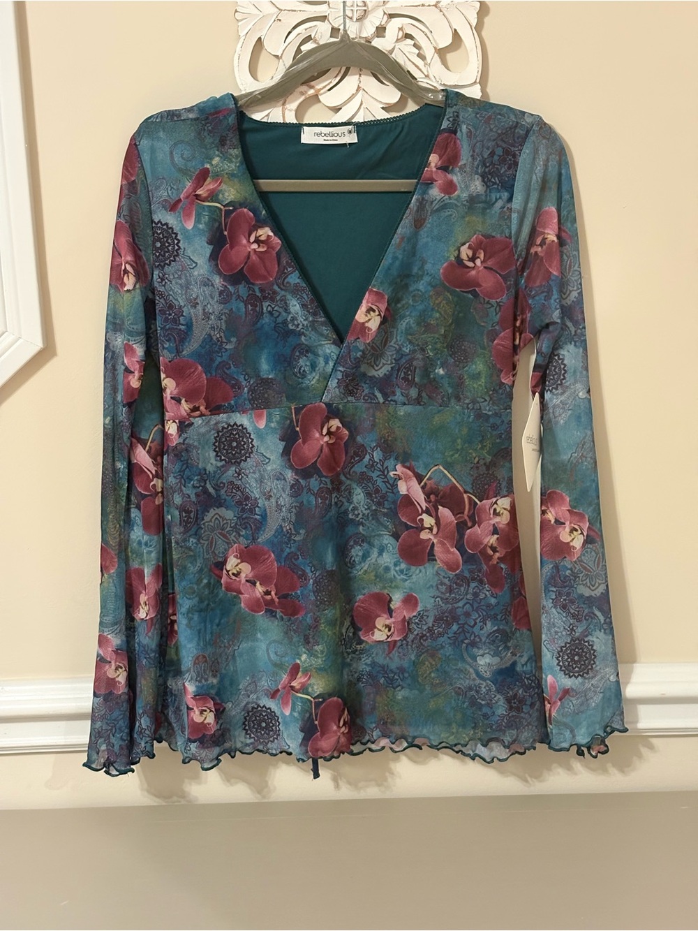 Rebellious Rose Teal Floral V-Neck Long Sleeve Top